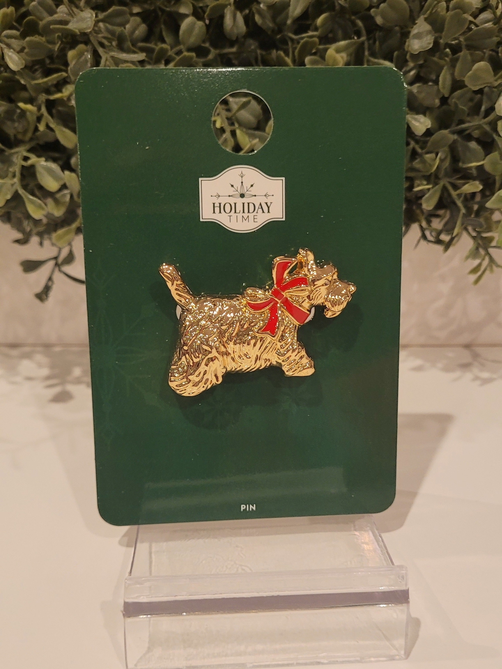 Holiday Time Gold Scottie Dog Pin with Red Bow Accent